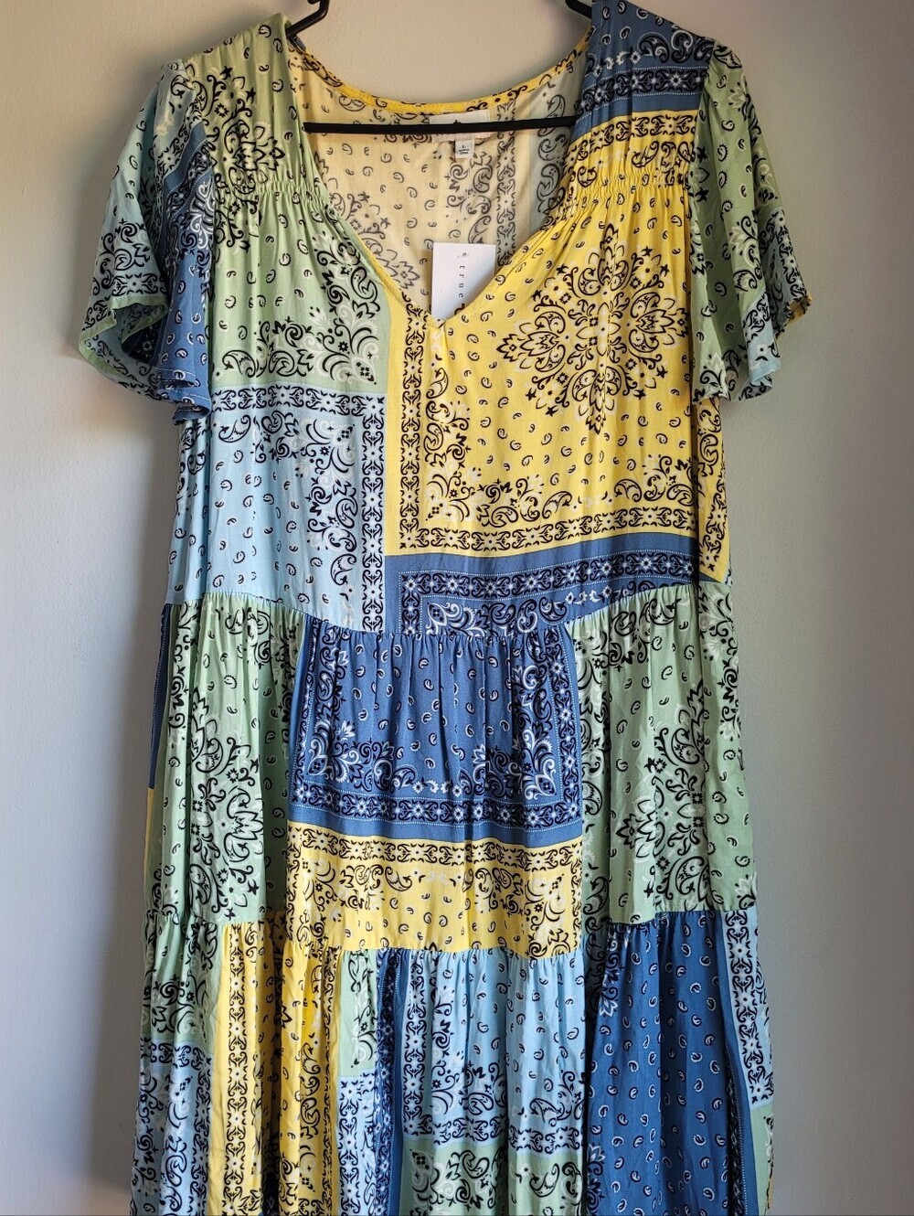 NWT true craft Patchwork Bandana Print Maxi Dress in Yellow, Blue & Green Size L